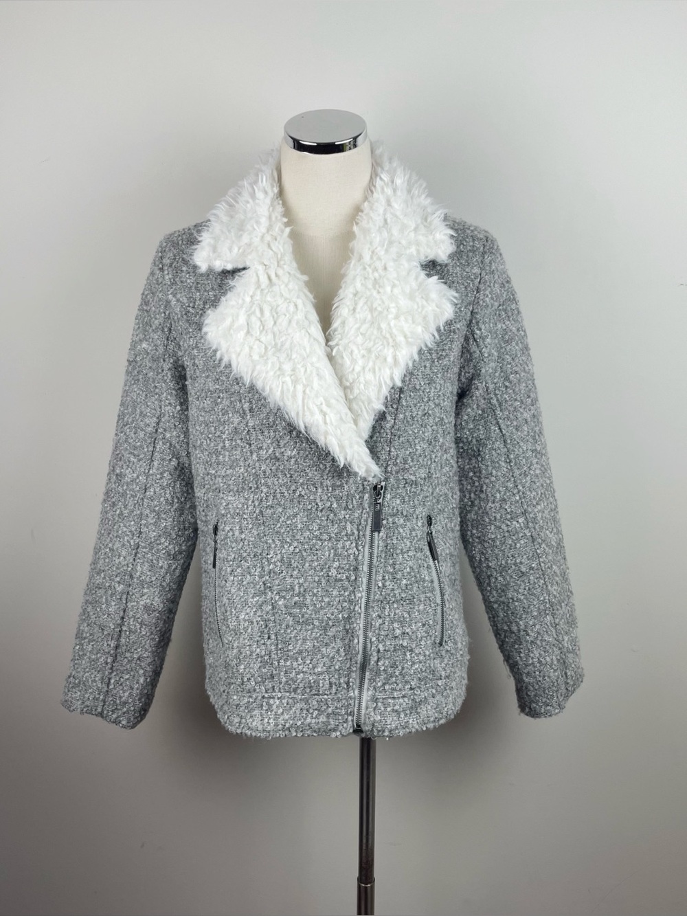 Cato Gray White Faux Sherpa Wool Moto Style Jacket Women Size Medium